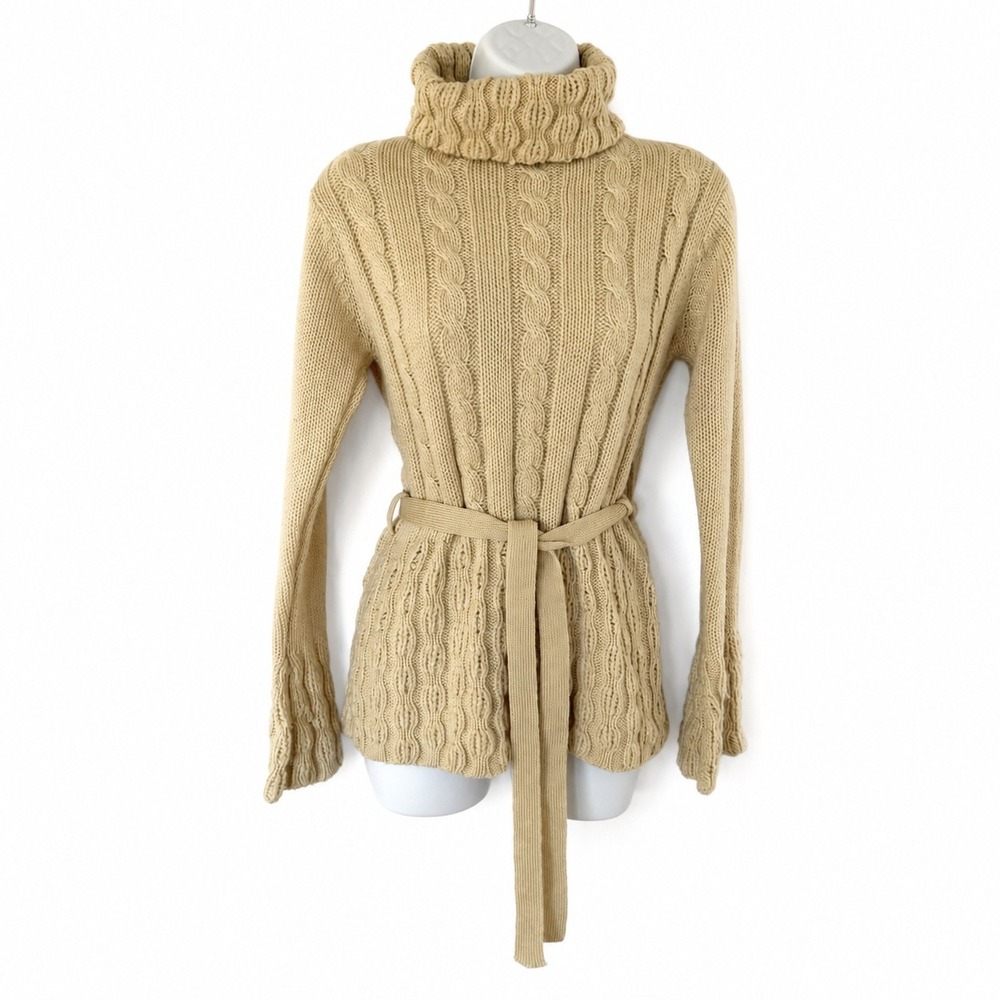 Womens yellow Cable Knit Turtleneck Belted Sweater Long Sleeve Beige Chunky Knit